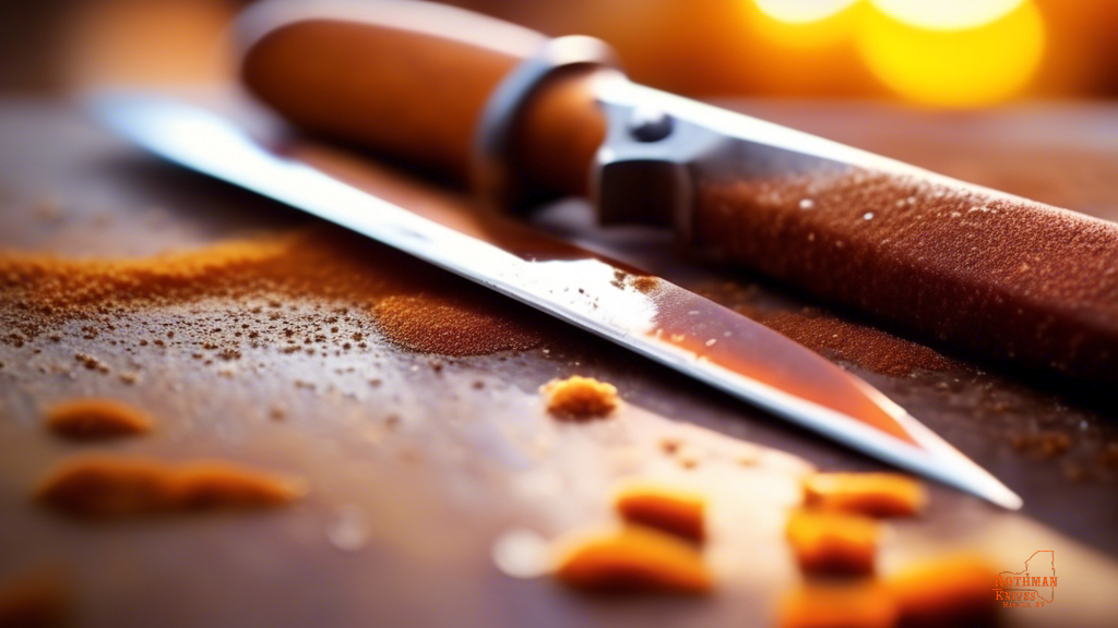 Close-up photo of a rusty knife being scrubbed with a mixture of vinegar and baking soda under bright natural light, showcasing the transformation from rusty to clean.