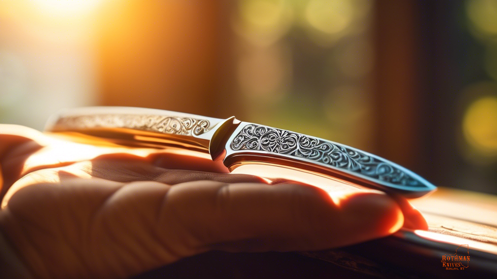 Close-up photo of a hand holding a custom folding pocket knife with intricate handle patterns, illuminated by bright natural light streaming through a window