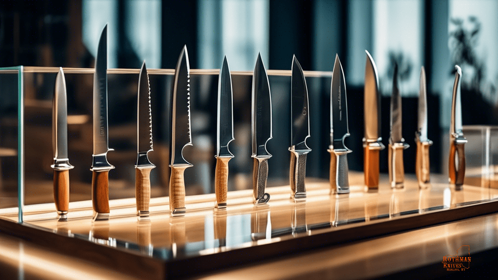 Custom knife display case with bright natural light showcasing intricate details and craftsmanship of knives