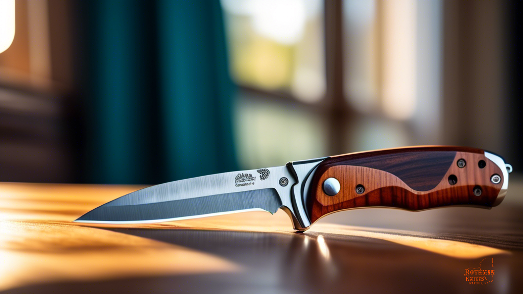 Close-up shot of a customized folding knife on a wooden table, showcasing intricate craftsmanship in bright natural light