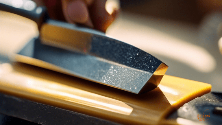 Close-up shot of a diamond sharpening stone in use, showcasing a knife being sharpened to a razor-sharp edge in bright natural light.