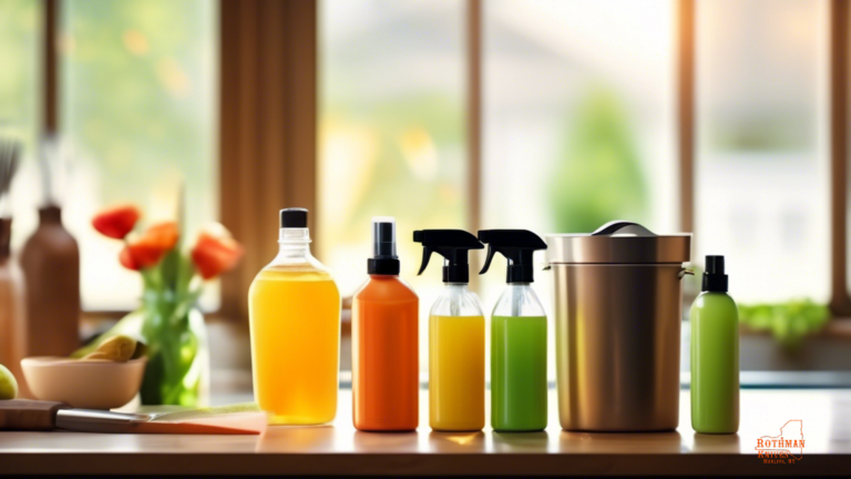 Homemade knife cleaning solutions displayed on a kitchen counter, surrounded by gleaming knives, with natural light streaming in from a nearby window.