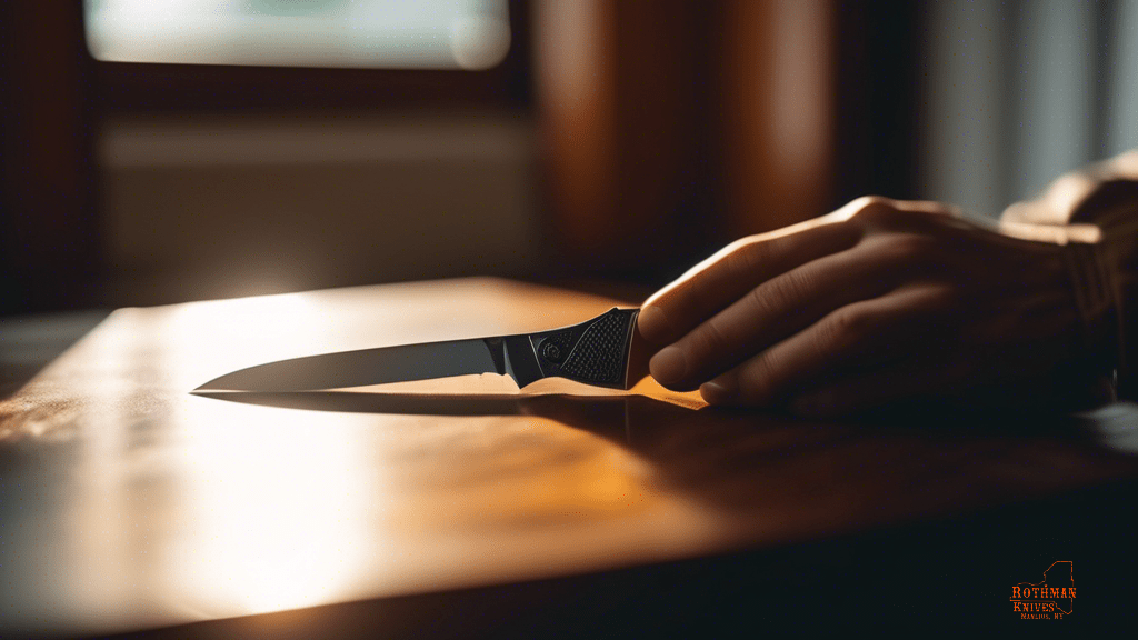 Close-up of a hand holding a folding pocket knife with the blade closed, showcasing safety features, illuminated by bright natural light