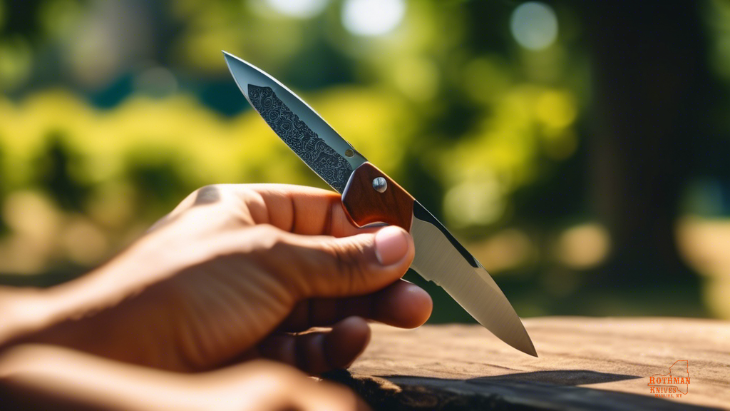 A close-up photo of a hand holding a folding pocket knife outdoors on a sunny day, showcasing its sharp edge and intricate details in bright natural light.