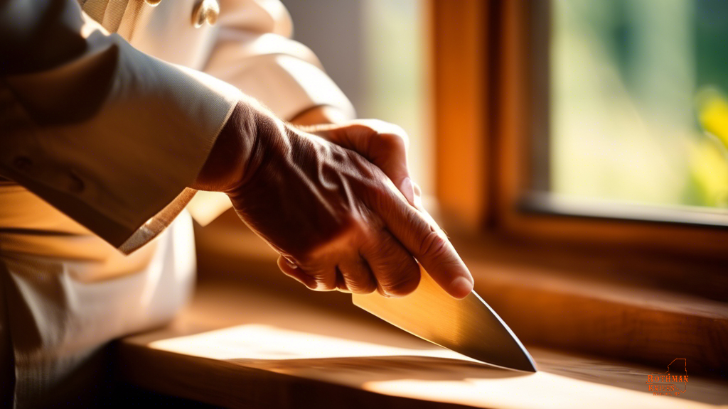 Alt text: A chef's hand gently wiping down a wooden knife handle with a soft cloth, showcasing the natural grain and texture of the wood in bright natural light. Proper care and cleaning for knife handles.