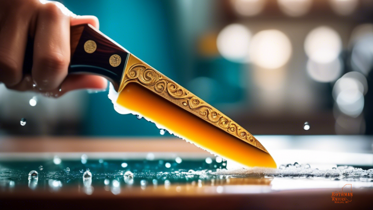 Alt text: Close-up photo of a knife handle being scrubbed with soapy water under bright natural light, showcasing intricate details and water droplets for effective handle cleaning techniques.