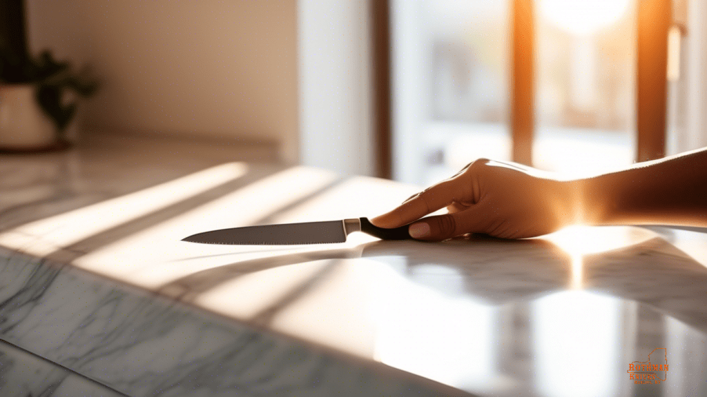 Close-up photo of a hand holding a knife with a wooden handle on a white marble countertop, illuminated by bright natural light from a nearby window