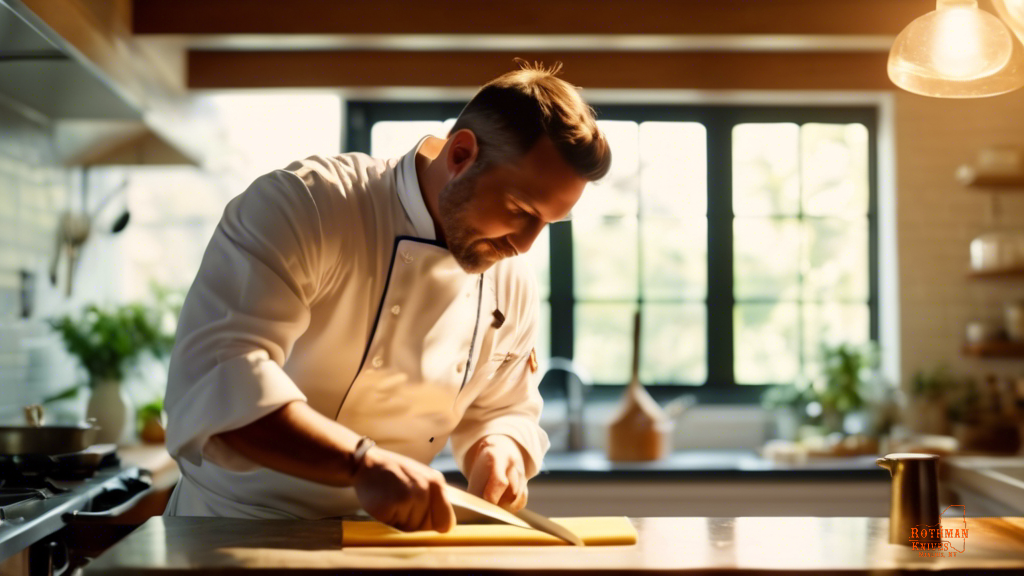 A chef sharpening a knife with a honing rod in a well-lit kitchen with natural light streaming in from a nearby window.