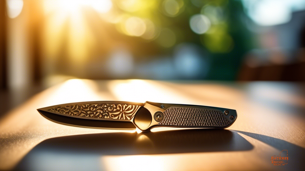 Close-up shot of a sleek, modern folding pocket knife in dappled sunlight, showcasing intricate design details