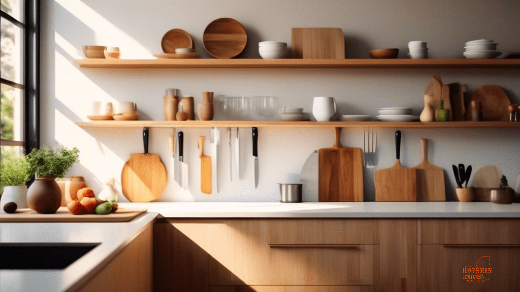 Minimalist kitchen wall with shelves displaying an assortment of knives in various sizes and styles, illuminated by bright natural light