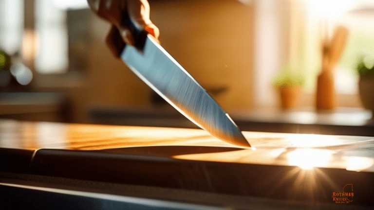 Close-up of hand holding a sharpening stone against a gleaming kitchen knife, bathed in bright natural light from a nearby window