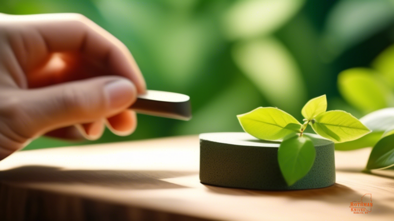 A close-up photo of a hand holding a knife sharpening stone against a blurred wooden table and green plants, illuminated by bright natural light.