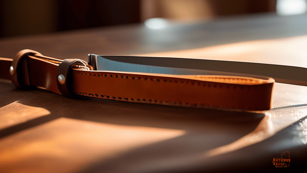 Close-up shot of a leather strop being used to polish a blade, with sunlight streaming in through a window, highlighting the detailed texture of the leather and the sharpness of the blade