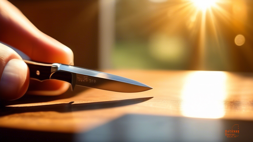 Close-up photo of a hand holding a pocket knife on a wooden workbench with bright natural light streaming in through a window, showcasing essential safety tips for using whittling pocket knives