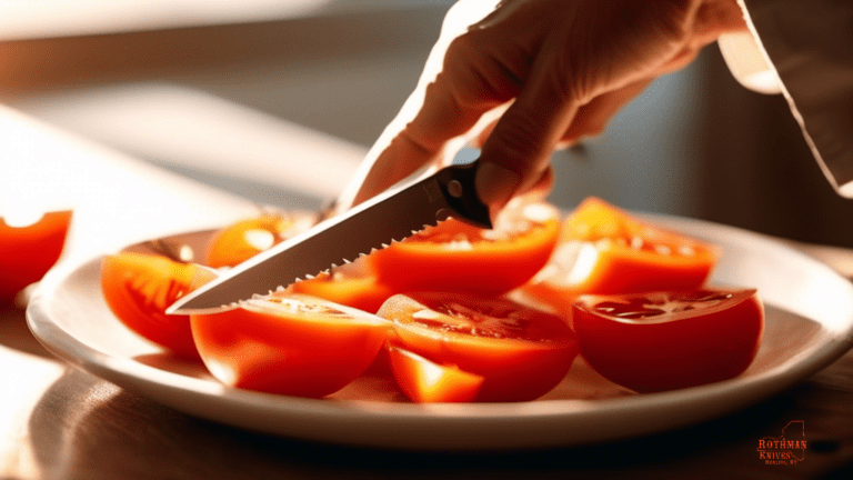 Close-up shot of a chef's hand using the Scary Sharp Method to effortlessly slice through a ripe tomato with a razor-sharp knife, illuminated by bright natural light streaming in through a nearby window
