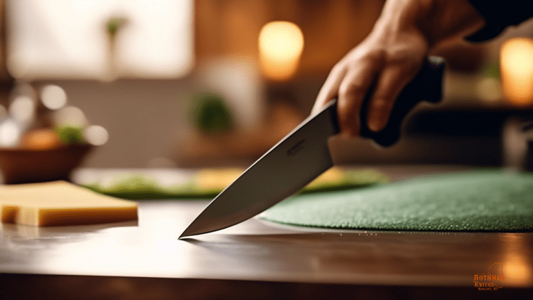 Close-up photo of a chef's knife being sharpened at a 20-degree angle on a whetstone, with bright natural light illuminating the blade and sharpening process