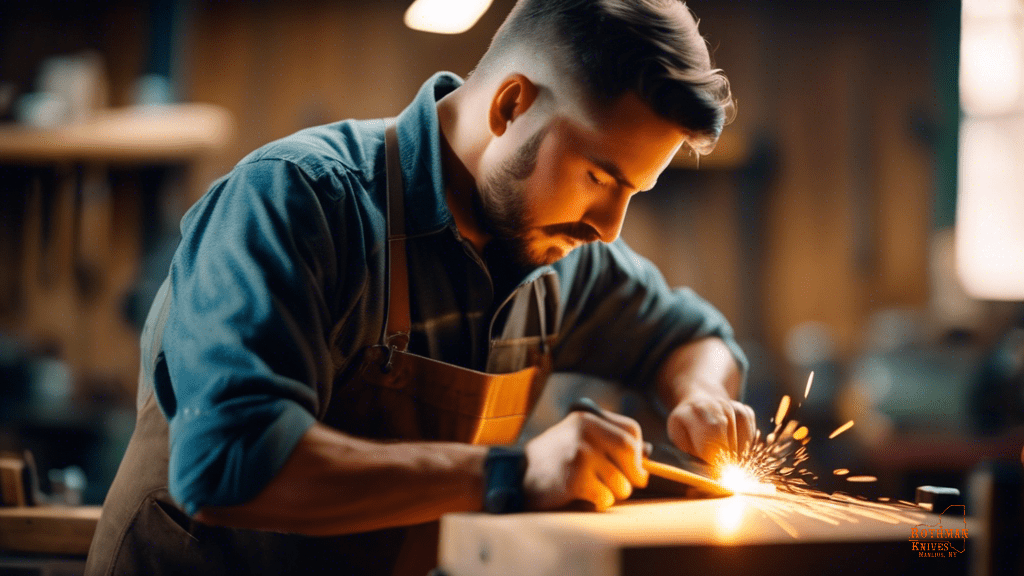 A beginner using a sharpening jig on a chisel in a well-lit workshop, with the sharpened edge reflecting bright natural light.