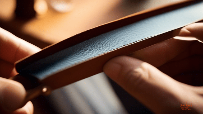 Close-up shot of a hand holding a straight razor against a smooth leather strop, applying stropping compound with precision, bathed in bright natural light.