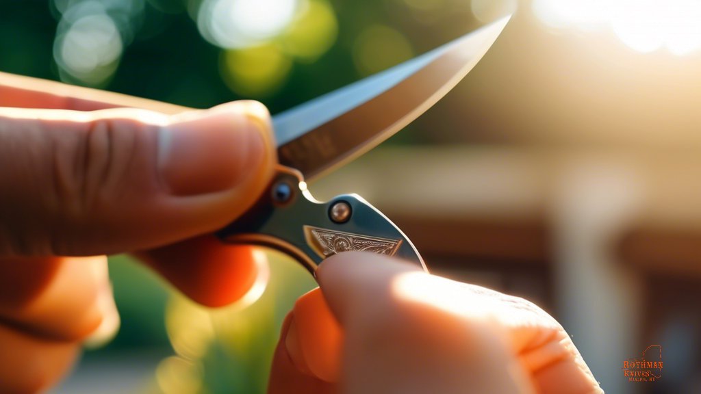 Close-up of hand holding a folding pocket knife in bright natural light, showcasing its intricate details and sharp edge