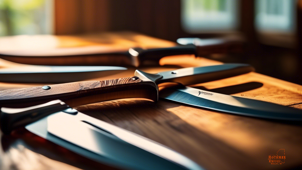 Close-up shot of a diverse collection of high-quality knives displayed on a rustic wooden table, illuminated by bright natural light through a nearby window
