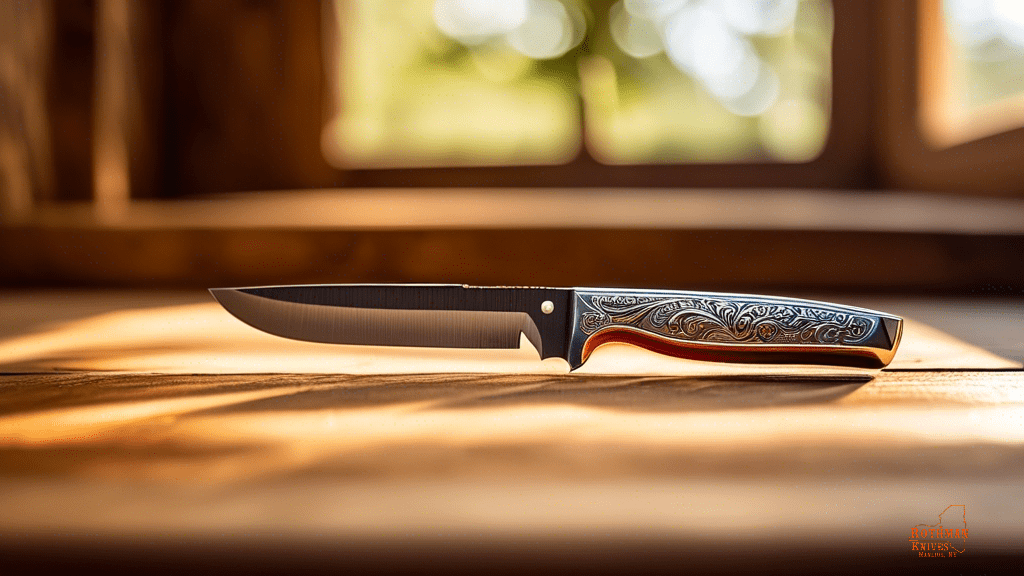 Close-up shot of a whittling pocket knife on a rustic wooden table, illuminated by bright natural sunlight, showcasing the detailed blade and handle design